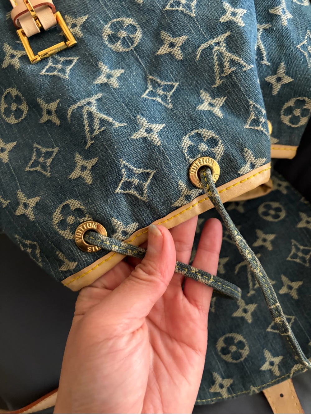 Stylish Fashion Denim Backpack with Tan Leather Trim - Picture 11 of 14